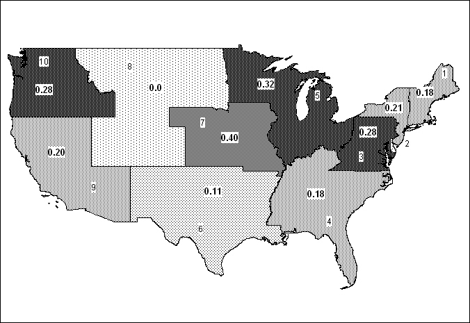 Positive Alcohol Test Rates for Four Test Types Combined by FTA Region and Employer SizeLarge 