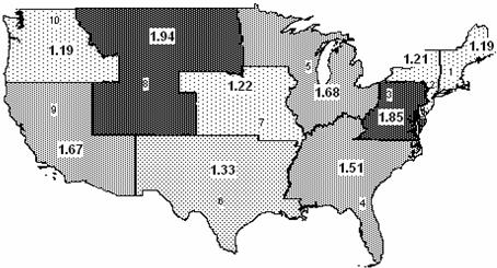 Map - Drug Rates for Four Test Types Combined by FTA Region