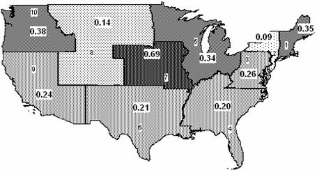 Map - Alcohol Rates for Four Test Types Combined by FTA Region