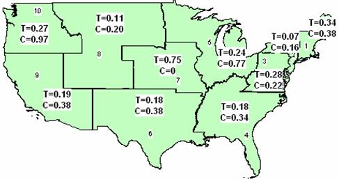 Map - Alcohol Rates for Four Test Types Combined by FTA Region and Employer Type