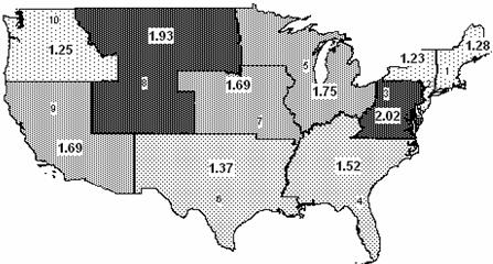 Map - Drug Rates for Four Test Types Combined by FTA Region and Employer Size - Large 