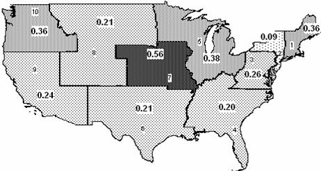 Map - Alcohol Rates for Four Test Types Combined by FTA Region and Employer Size - Large 